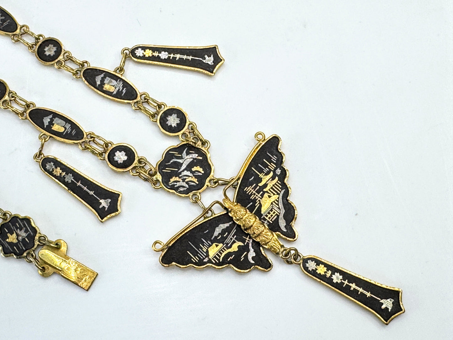 Vintage Japanese Komai damascene butterfly necklace bracelet matched set GS847