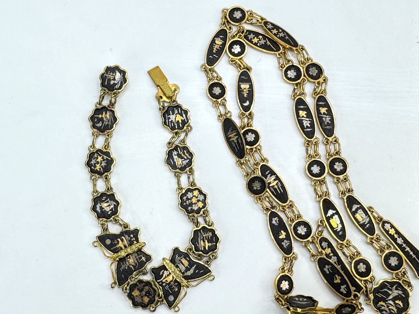 Vintage Japanese Komai damascene butterfly necklace bracelet matched set GS847