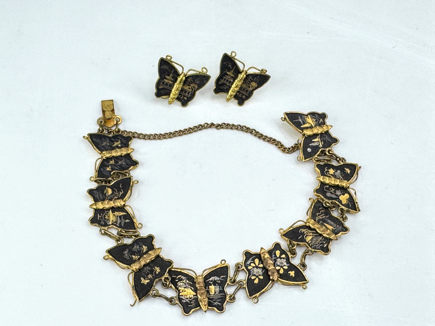 Vintage Japanese Komai damascene butterfly bracelet earrings gold inlay set GS848