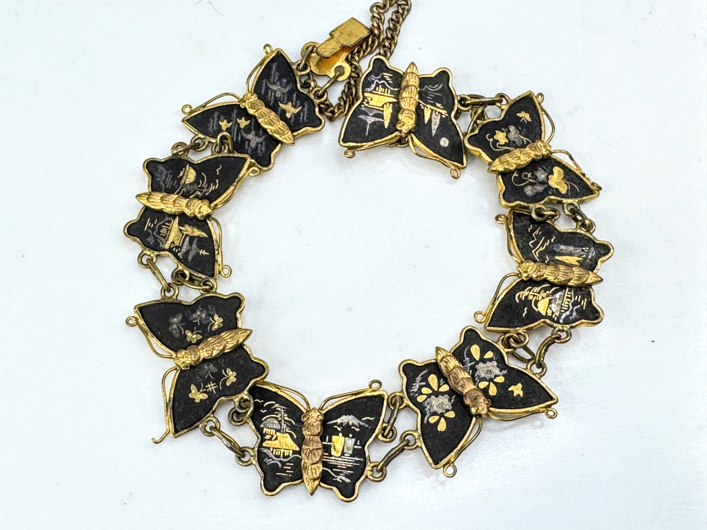 Vintage Japanese Komai damascene butterfly bracelet earrings gold inlay set GS848