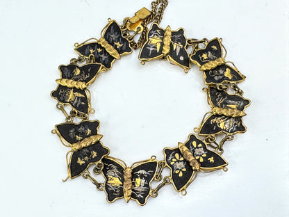 Vintage Japanese Komai damascene butterfly bracelet earrings gold inlay set GS848