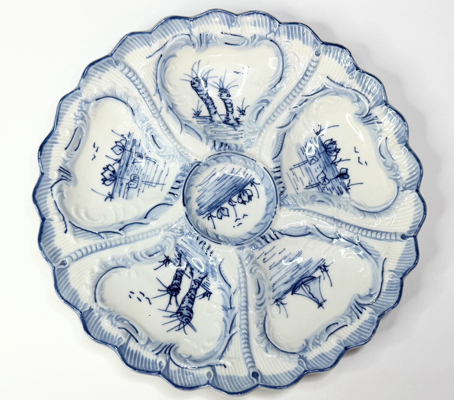 Antique German W&C Oyster Plate Blue White Scenic Shell Form 8.25" A731