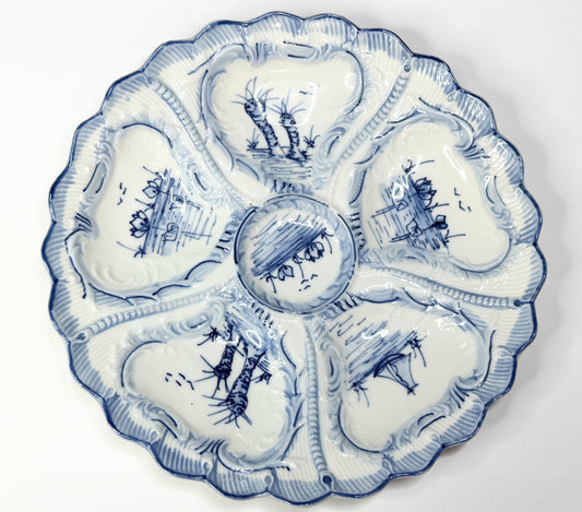 Antique German W&C Oyster Plate Blue White Scenic Shell Form 8.25" A731