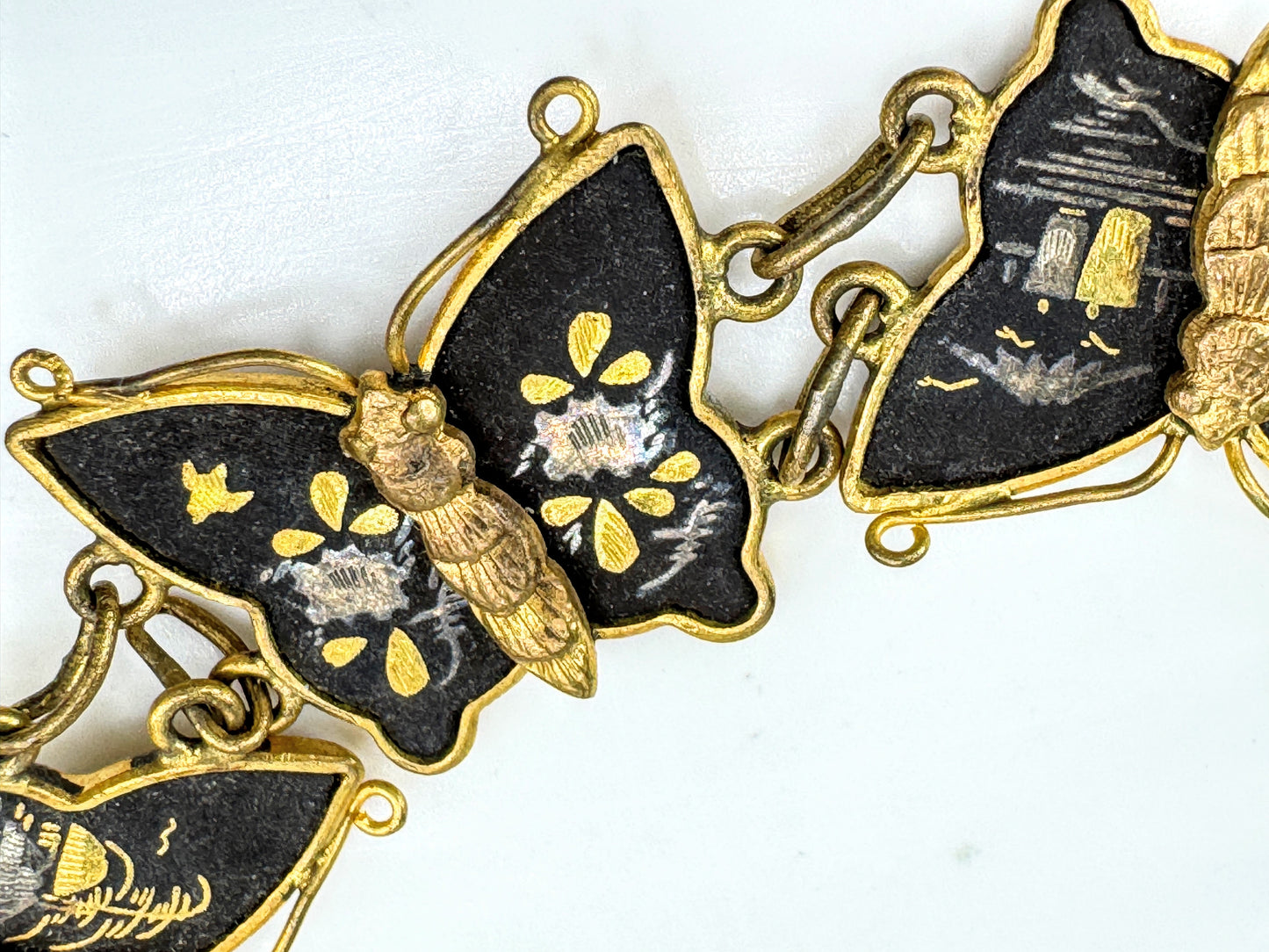 Vintage Japanese Komai damascene butterfly bracelet earrings gold inlay set GS848