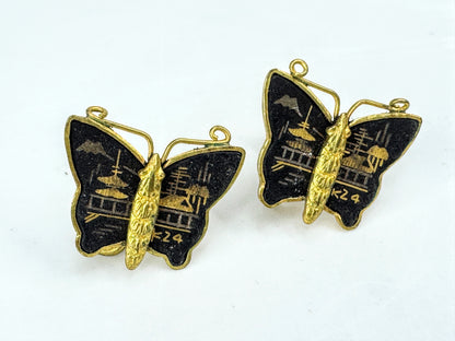 Vintage Japanese Komai damascene butterfly bracelet earrings gold inlay set GS848