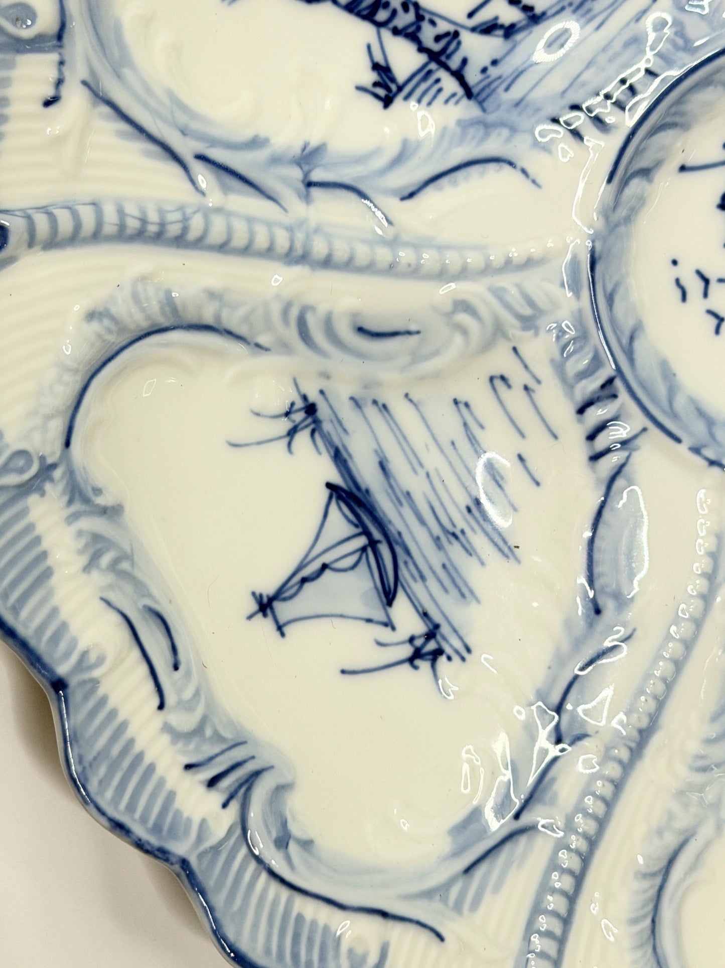 Antique German W&C Oyster Plate Blue White Scenic Shell Form 8.25" A731