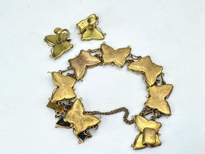 Vintage Japanese Komai damascene butterfly bracelet earrings gold inlay set GS848