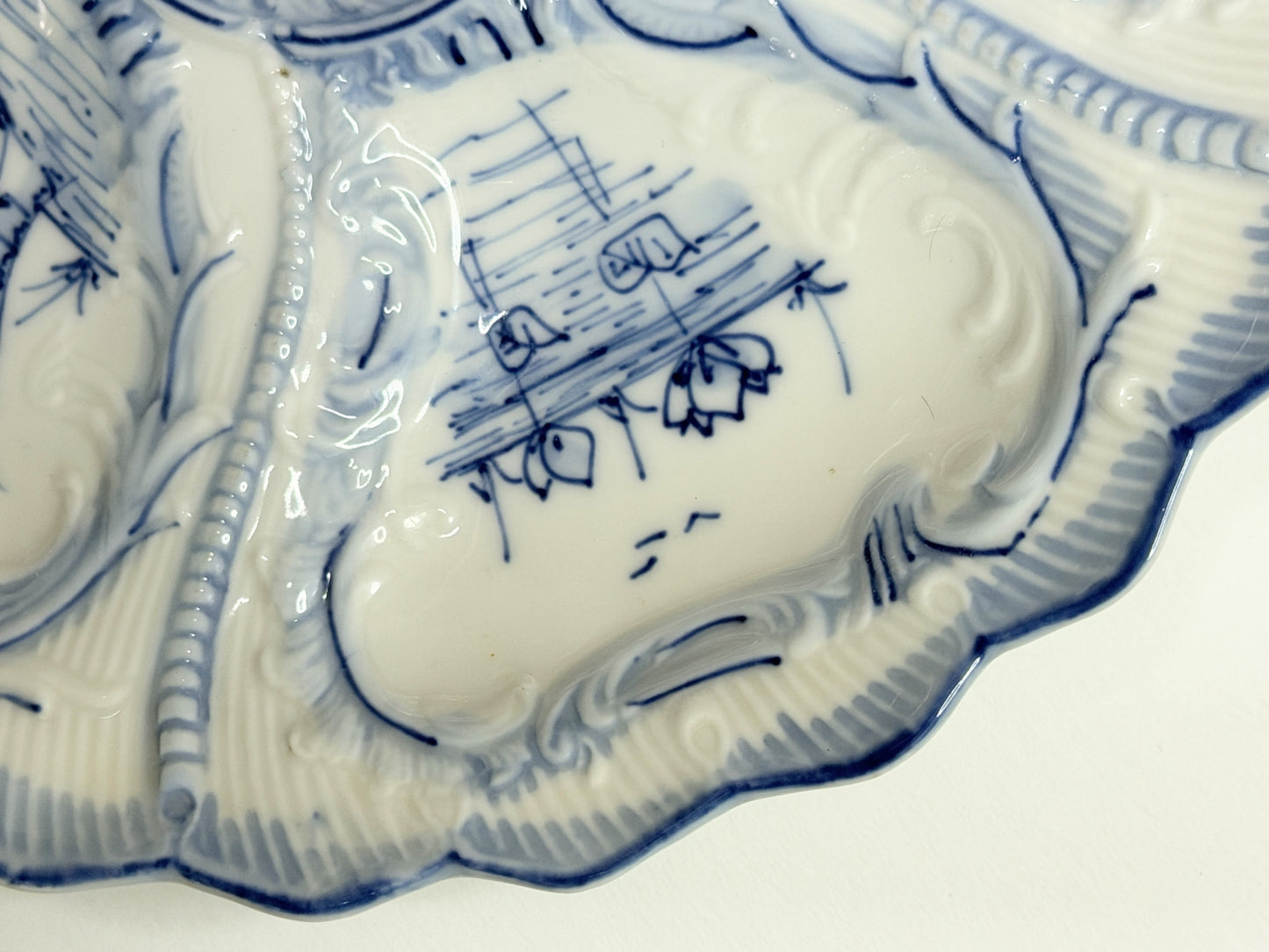 Antique German W&C Oyster Plate Blue White Scenic Shell Form 8.25" A731