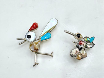 Vintage signed sterling inlay bird & hummingbird brooch pendant necklace JR1915