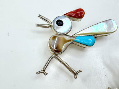 Vintage signed sterling inlay bird & hummingbird brooch pendant necklace JR1915