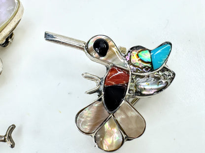 Vintage signed sterling inlay bird & hummingbird brooch pendant necklace JR1915