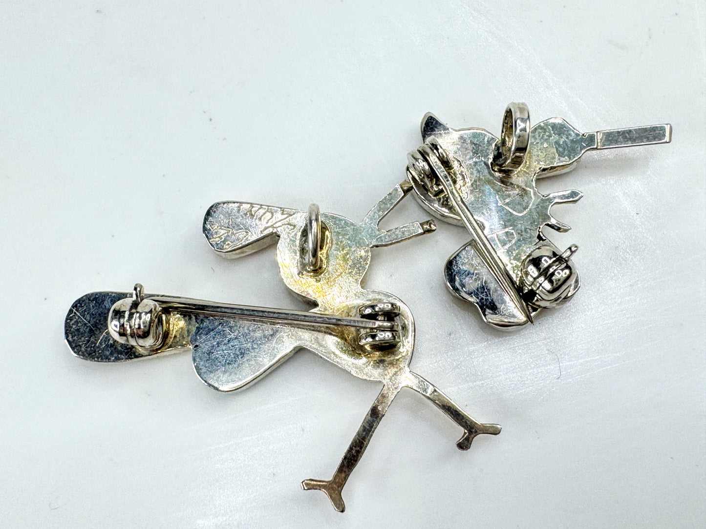 Vintage signed sterling inlay bird & hummingbird brooch pendant necklace JR1915