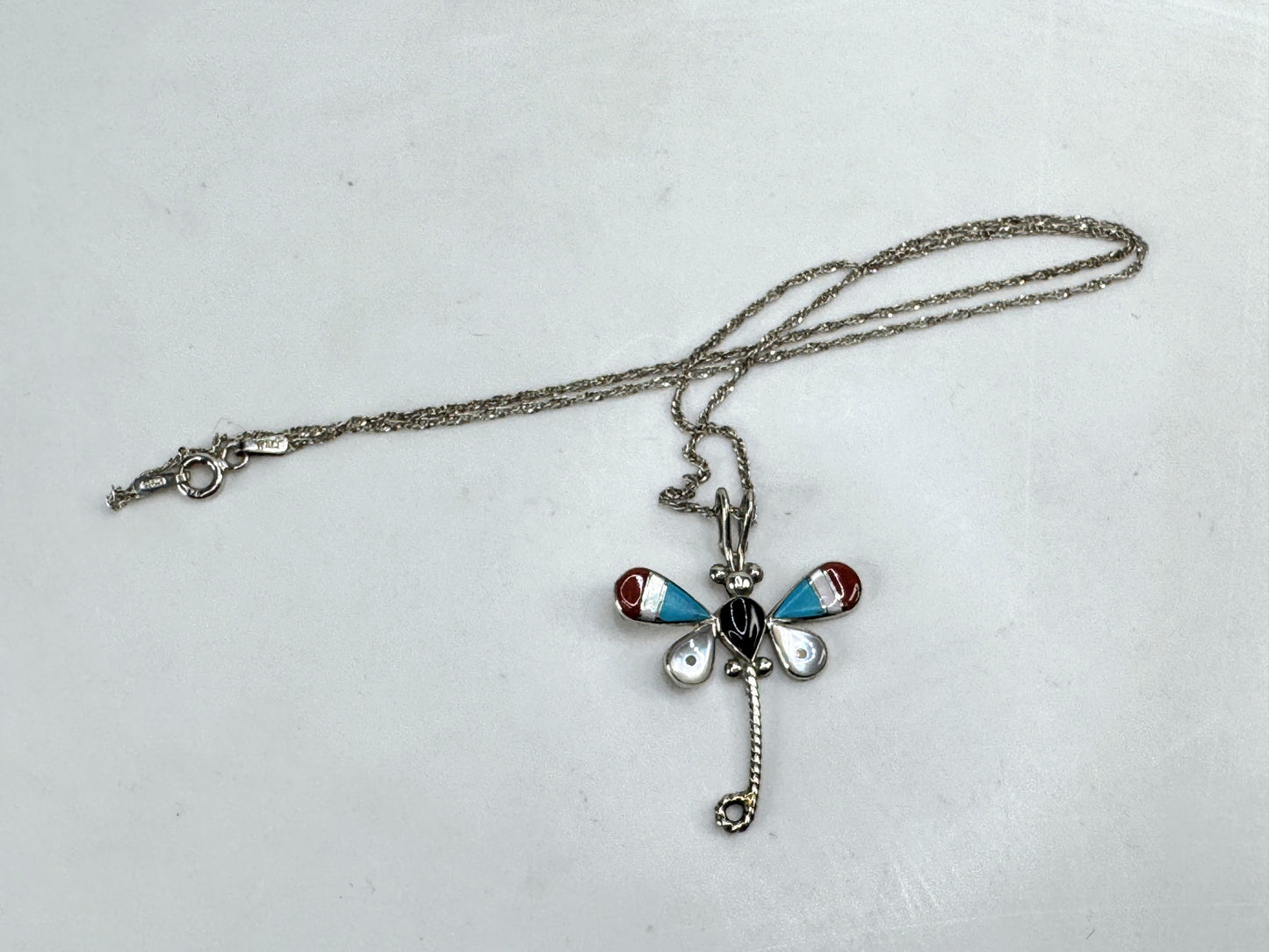 Vintage Zuni sterling silver inlay dragonfly necklace 16" signed 3g 16" JR1916