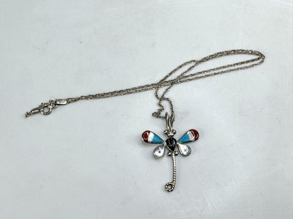 Vintage Zuni sterling silver inlay dragonfly necklace 16" signed 3g 16" JR1916