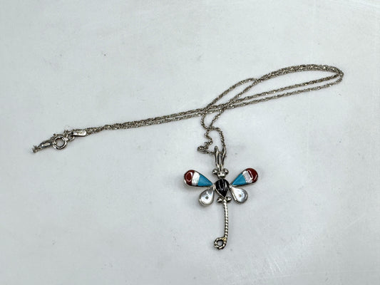 Vintage Zuni sterling silver inlay dragonfly necklace 16" signed 3g 16" JR1916