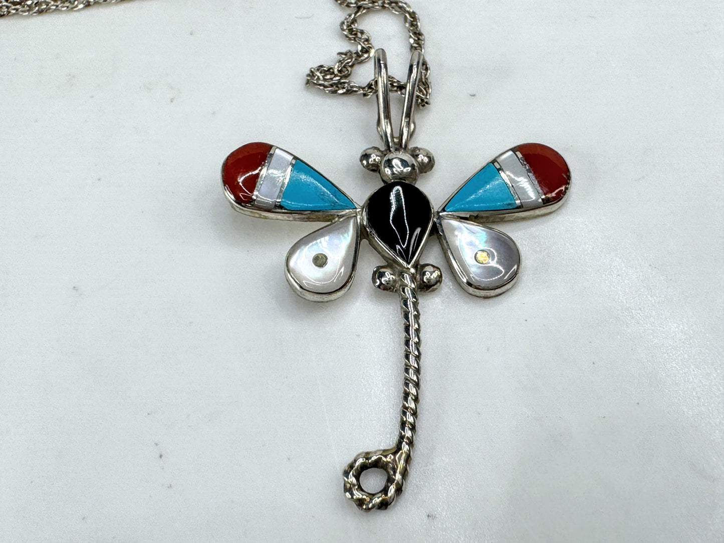 Vintage Zuni sterling silver inlay dragonfly necklace 16" signed 3g 16" JR1916