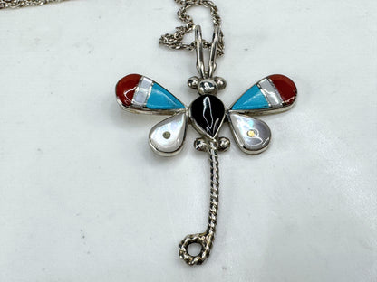 Vintage Zuni sterling silver inlay dragonfly necklace 16" signed 3g 16" JR1916