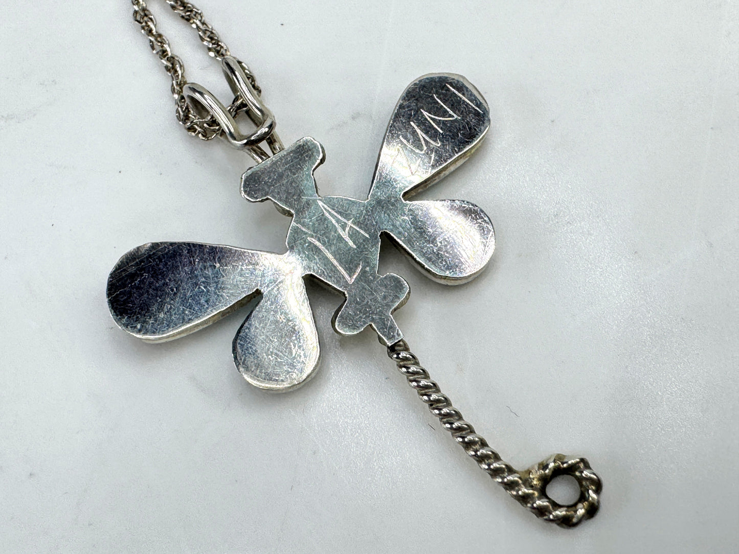 Vintage Zuni sterling silver inlay dragonfly necklace 16" signed 3g 16" JR1916