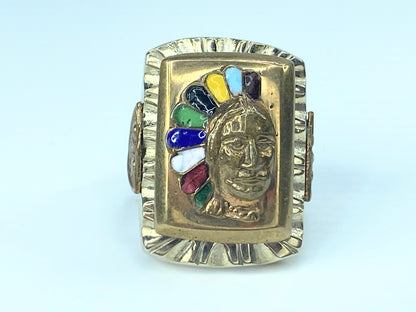 Vintage Enameled Indian Chief Biker's Mexican Ring 42.6g s10.5 JR9113