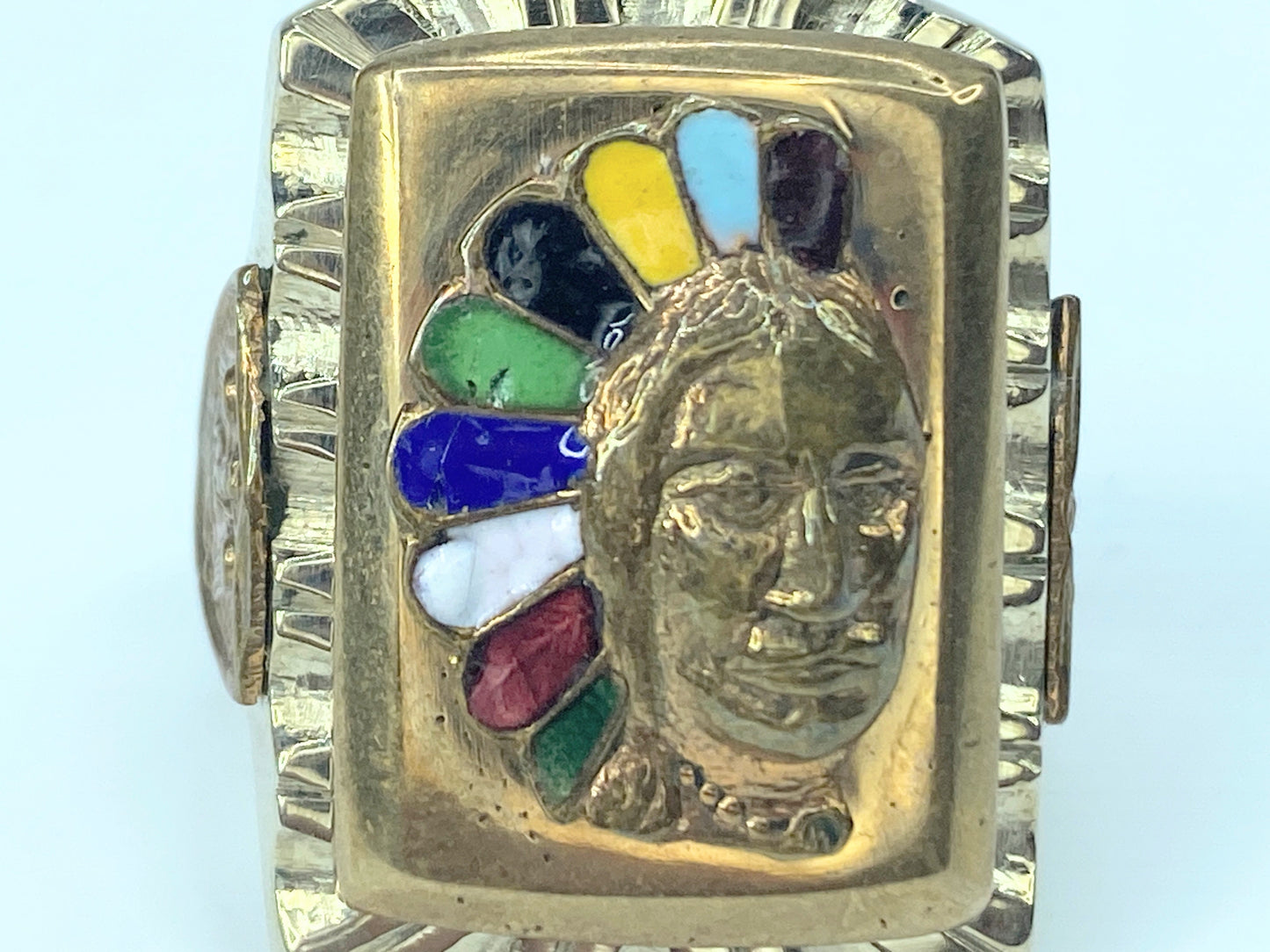 Vintage Enameled Indian Chief Biker's Mexican Ring 42.6g s10.5 JR9113