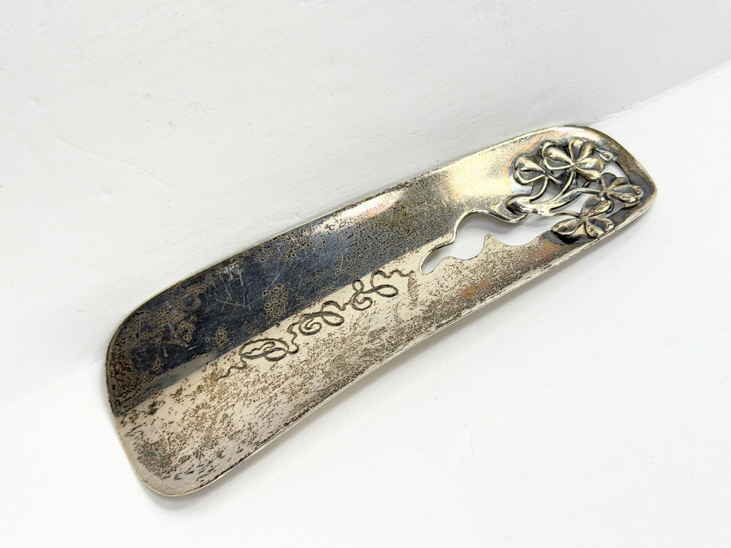 Antique Sterling Silver Floral Cutout Shoehorn Monogram LCP 39.5g 4 5/8" SS459