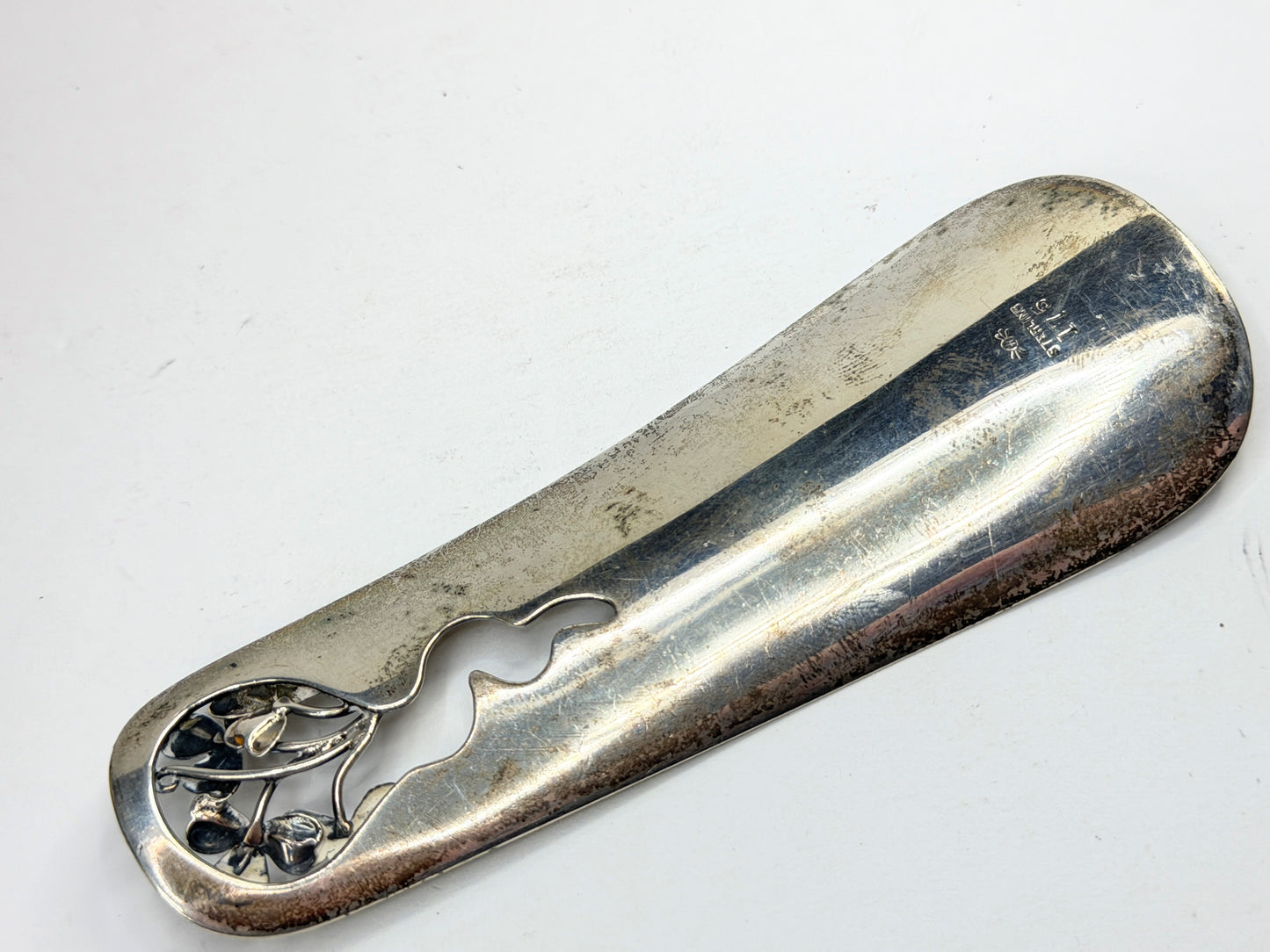 Antique Sterling Silver Floral Cutout Shoehorn Monogram LCP 39.5g 4 5/8" SS459