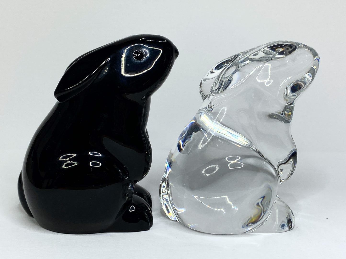 Baccarat Crystal Rabbit Figurine Pair Clear & Black Art Glass Animal France A679