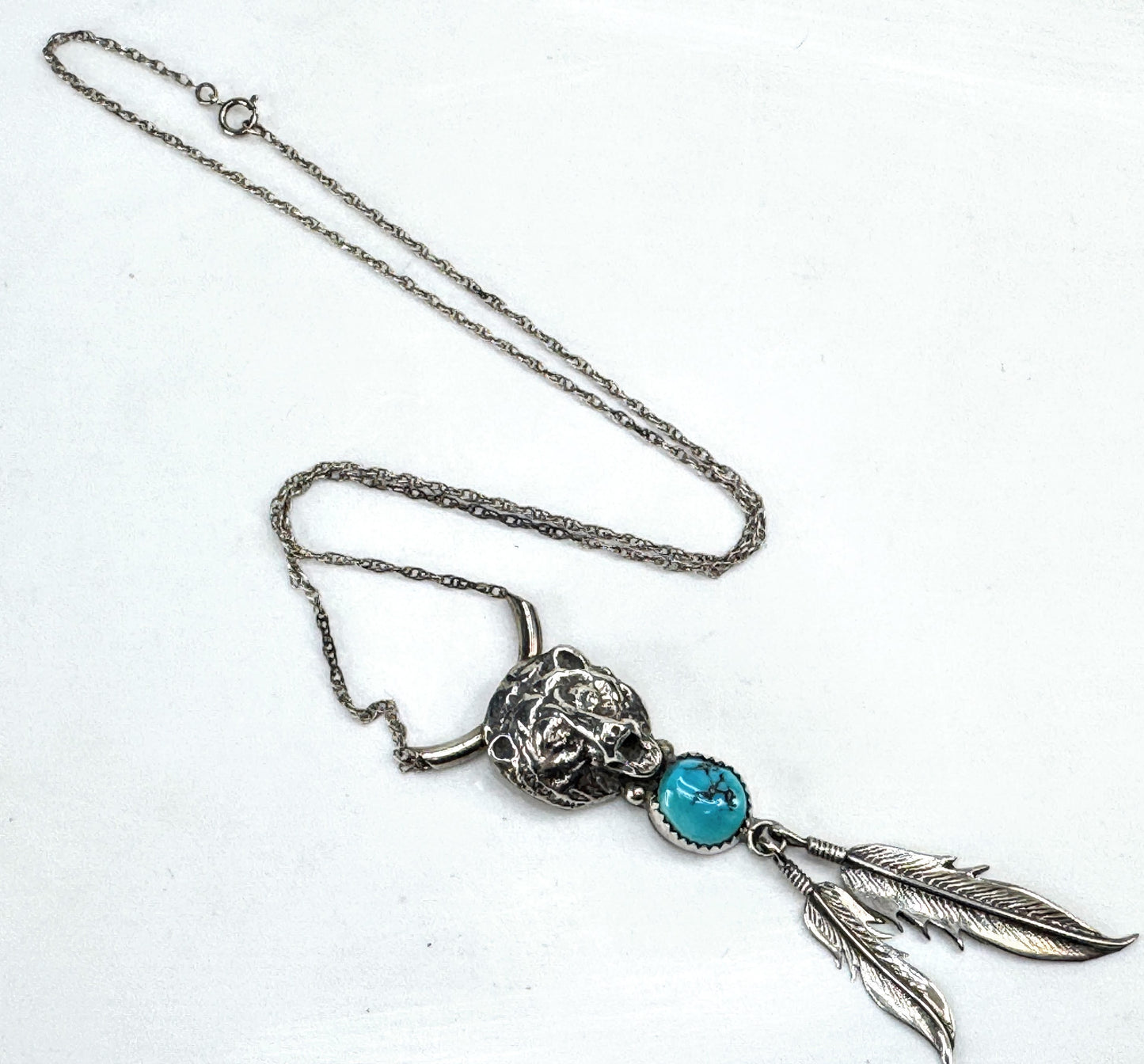 Vintage Native American sterling bear head turquoise pendant necklace JR1918