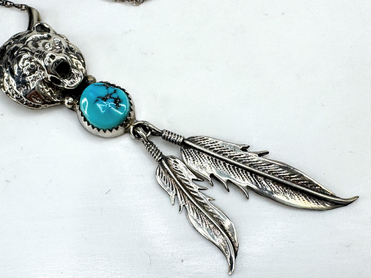 Vintage Native American sterling bear head turquoise pendant necklace JR1918