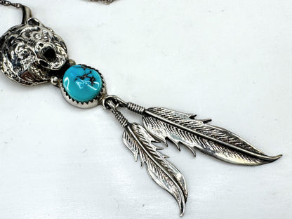 Vintage Native American sterling bear head turquoise pendant necklace JR1918