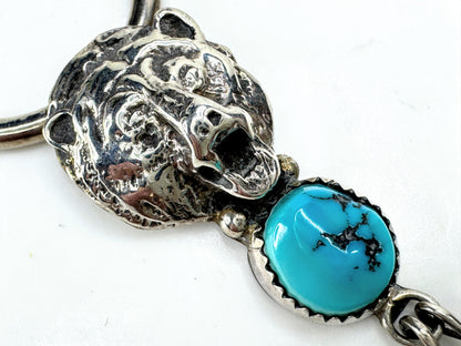 Vintage Native American sterling bear head turquoise pendant necklace JR1918
