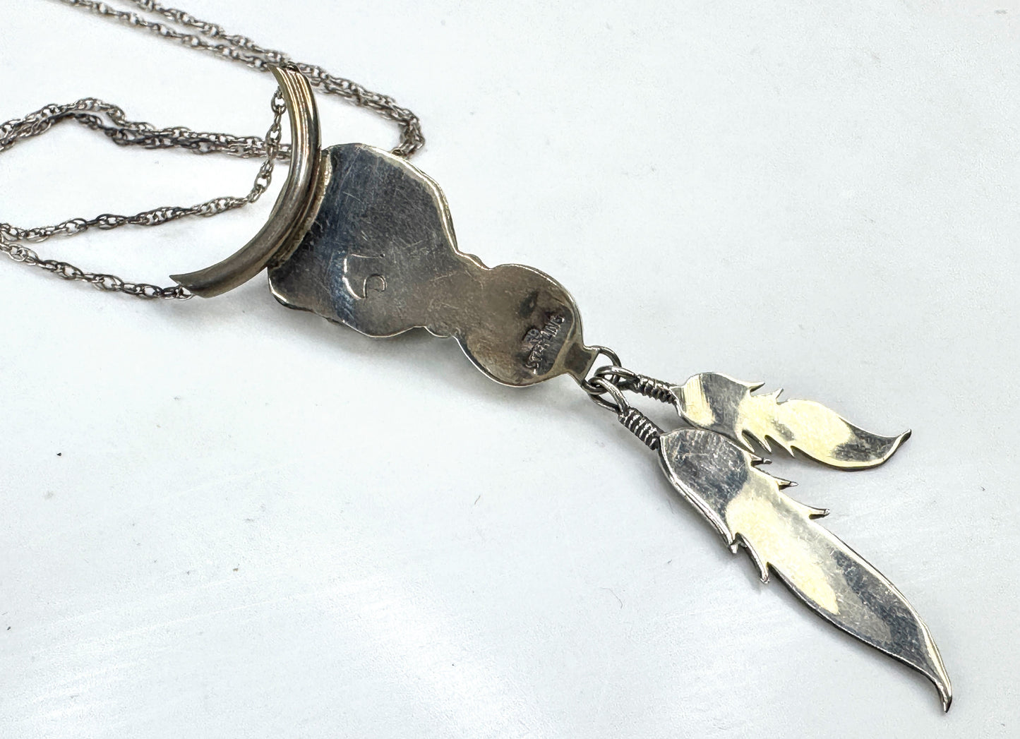 Vintage Native American sterling bear head turquoise pendant necklace JR1918