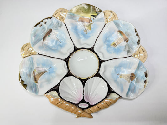 Antique French Faience Oyster Plate Nautical Sailing Boats 10" x 9" A733