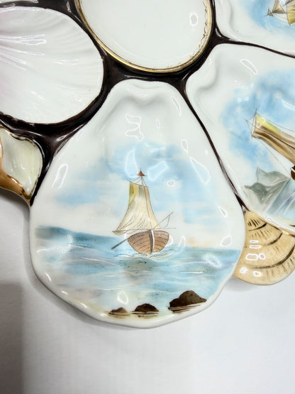 Antique French Faience Oyster Plate Nautical Sailing Boats 10" x 9" A733