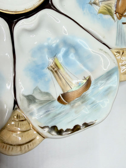 Antique French Faience Oyster Plate Nautical Sailing Boats 10" x 9" A733