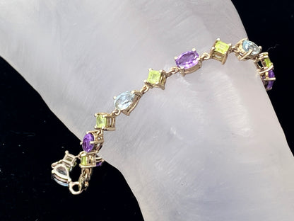 Sterling Peridot Topaz & Amethyst Chain Bracelet 7 1/4" 6.7g JR8874