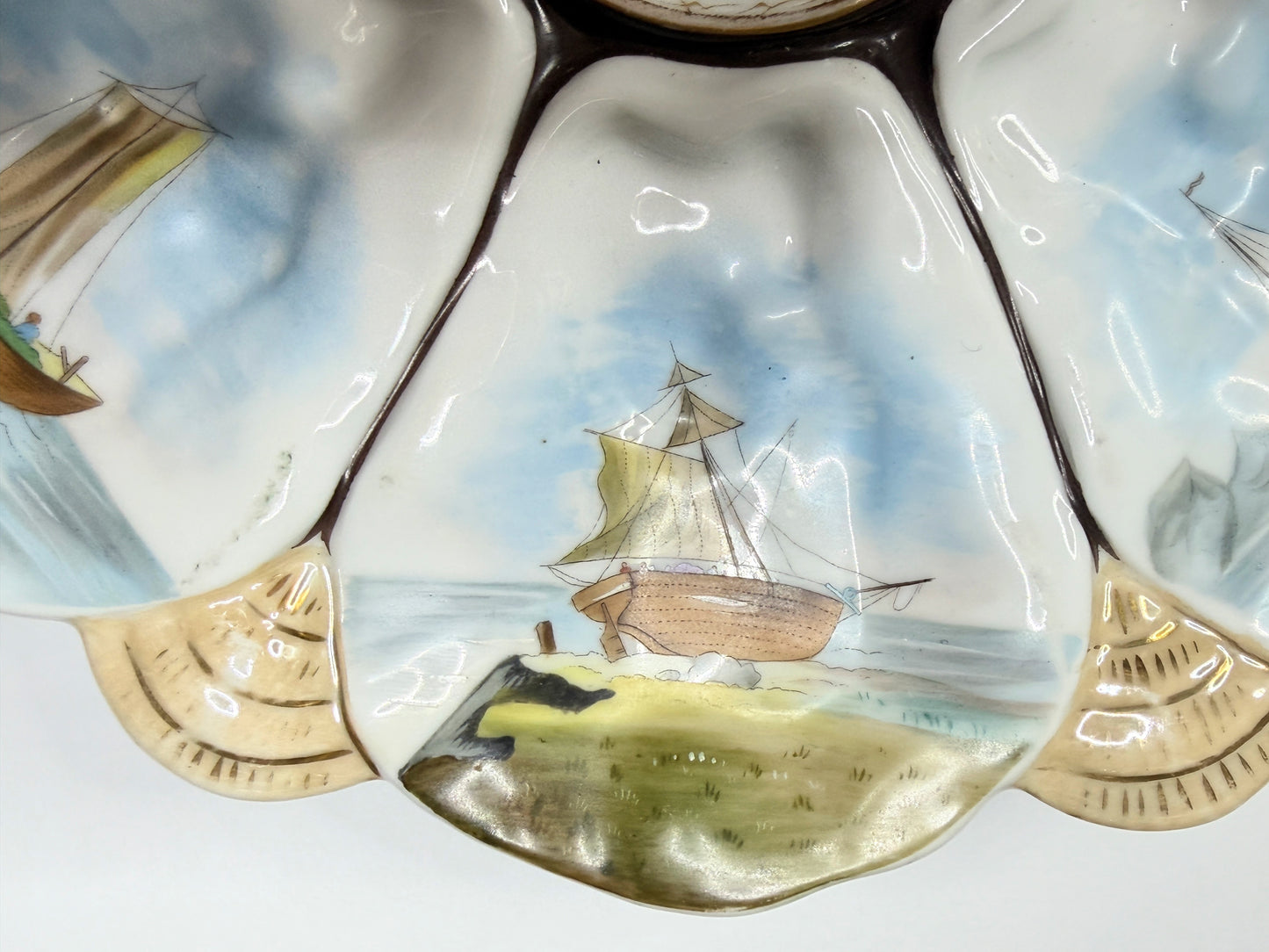 Antique French Faience Oyster Plate Nautical Sailing Boats 10" x 9" A733