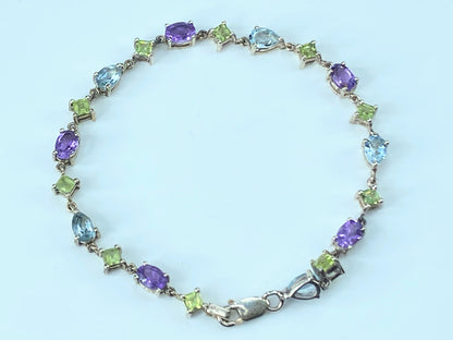 Sterling Peridot Topaz & Amethyst Chain Bracelet 7 1/4" 6.7g JR8874