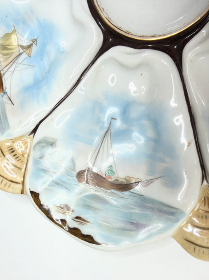 Antique French Faience Oyster Plate Nautical Sailing Boats 10" x 9" A733