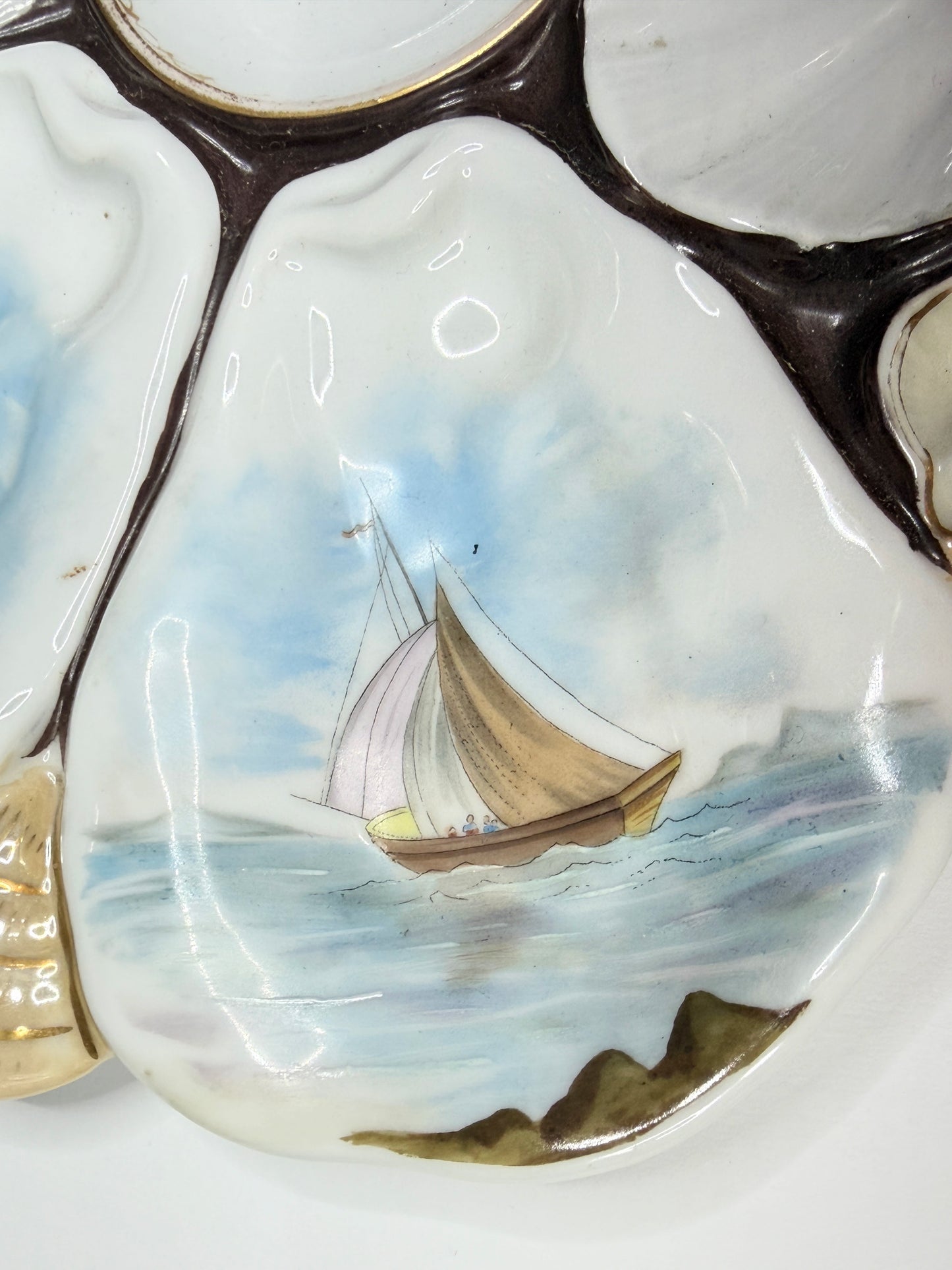 Antique French Faience Oyster Plate Nautical Sailing Boats 10" x 9" A733