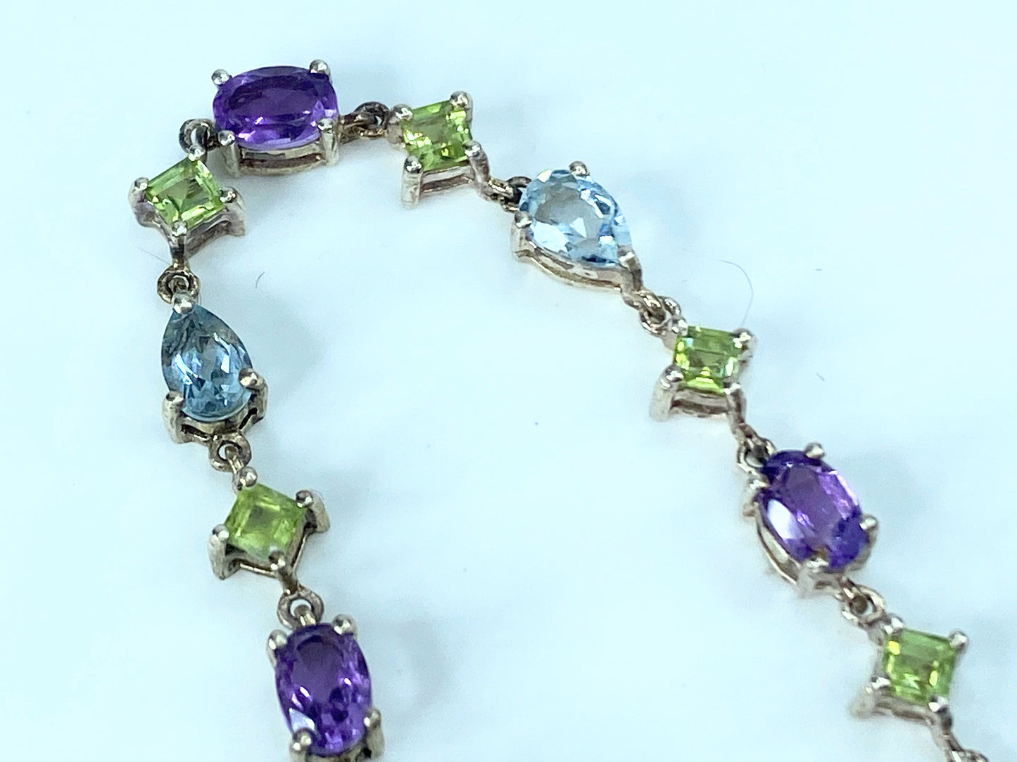 Sterling Peridot Topaz & Amethyst Chain Bracelet 7 1/4" 6.7g JR8874