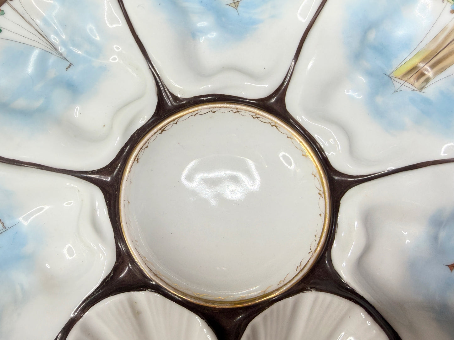 Antique French Faience Oyster Plate Nautical Sailing Boats 10" x 9" A733