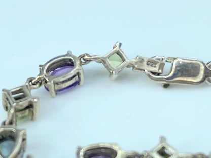 Sterling Peridot Topaz & Amethyst Chain Bracelet 7 1/4" 6.7g JR8874