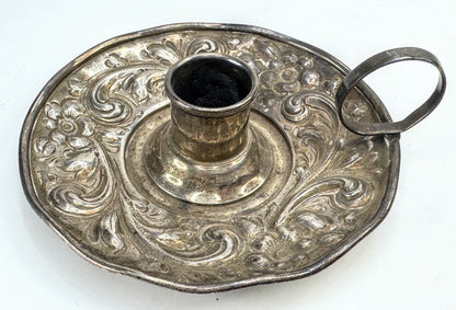 Vintage ornate sterling silver repoussé floral chamber candlestick holder SS471