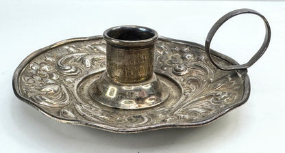 Vintage ornate sterling silver repoussé floral chamber candlestick holder SS471