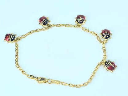 Red Enamel Ladybug link Bracelet 14K Gold 7.25" 3.5g JR8875