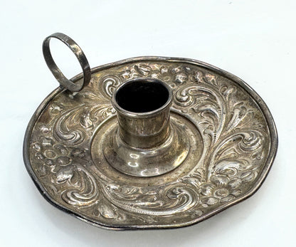 Vintage ornate sterling silver repoussé floral chamber candlestick holder SS471