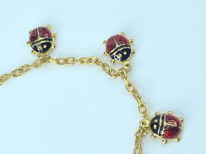 Red Enamel Ladybug link Bracelet 14K Gold 7.25" 3.5g JR8875