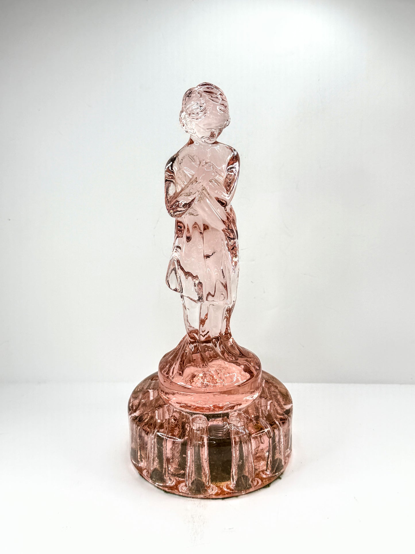 Cambridge Rose Pink Glass Draped Lady Woman Flower Frog Figurine Art Deco A1119