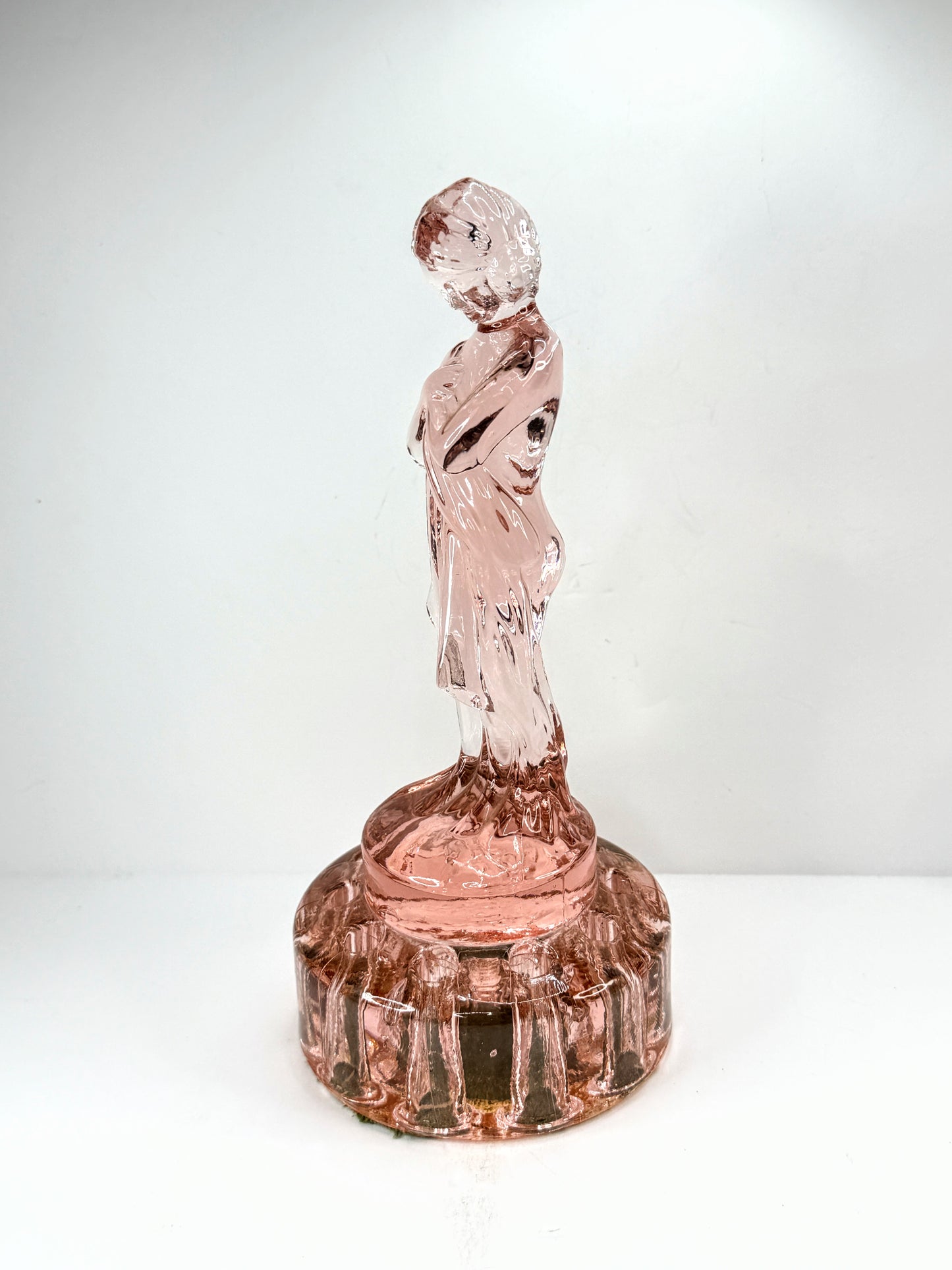 Cambridge Rose Pink Glass Draped Lady Woman Flower Frog Figurine Art Deco A1119